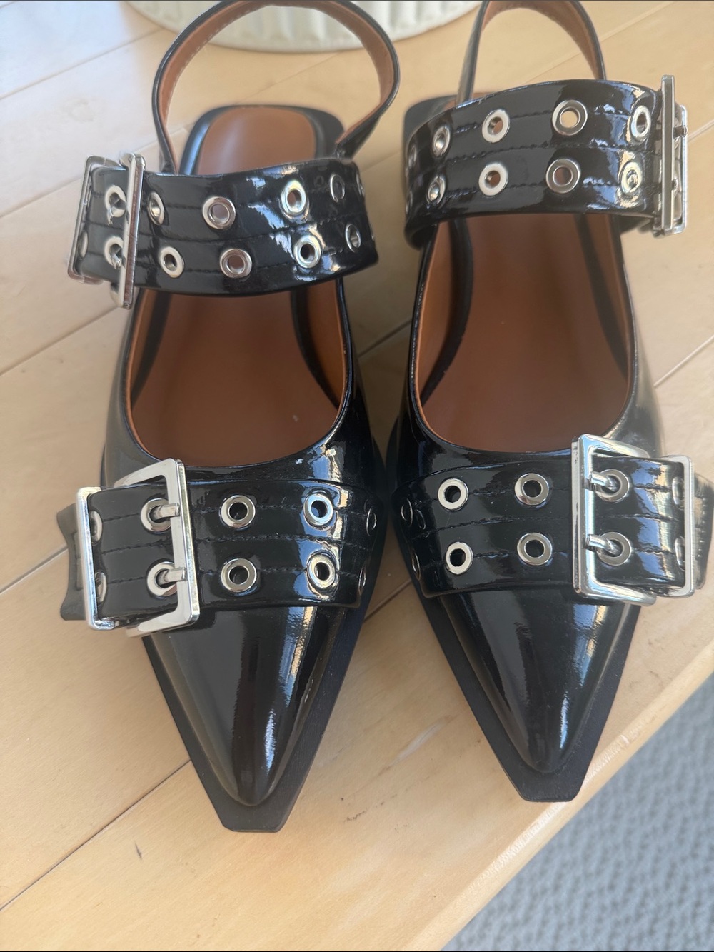 Patent Leather Pointed Double Buckle Flats